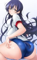 Rule 34 | 1girl, ass, ass focus, back, blue buruma, blue hair, blush, buruma, commentary request, from behind, gym shirt, gym uniform, hand on own ass, huge ass, kirisaki reina, long hair, looking at viewer, looking back, love live!, love live! school idol project, shirt, simple background, sitting, solo, sonoda umi, swept bangs, white background, yellow eyes