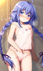 Rule 34 | 1girl, :&lt;, ahoge, bare arms, bare shoulders, blue eyes, blue hair, blush, bow, bow panties, braid, breasts, camisole, clothed masturbation, collarbone, commentary request, female masturbation, gluteal fold, hair between eyes, hair flaps, hair ribbon, hand in panties, highres, indoors, long hair, looking at viewer, masturbation, mushoku tensei, nose blush, panties, parted lips, purple ribbon, ribbon, roxy migurdia, sasai saji, signature, small breasts, solo, standing, strap slip, trembling, triangle mouth, twin braids, twintails, underwear, underwear only, very long hair, white camisole, white panties