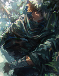 Rule 34 | 1boy, bandages, cigarette, cloak, fate/grand order, fate (series), gloves, green cloak, hair over one eye, highres, hood, in tree, jhm xyz, looking at viewer, male focus, orange hair, robin hood (fate), short hair, signature, sitting, sitting in tree, smoking, solo, squatting, tree