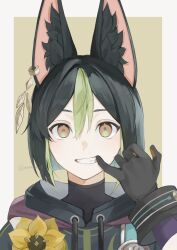 Rule 34 | 1boy, animal ear fluff, animal ears, artist name, black gloves, black hair, blunt ends, border, brown eyes, brown gloves, clenched teeth, commentary request, drawstring, earrings, flower, fox ears, genshin impact, gloves, green background, green hair, hair between eyes, highres, hood, hood down, hoodie, jewelry, looking at viewer, male focus, marota 0, medal, mouth pull, multicolored hair, outside border, short hair, simple background, single earring, solo, streaked hair, teeth, tighnari (genshin impact), turtleneck, twitter username, two-tone gloves, upper body, white border, wrist cuffs, yellow flower