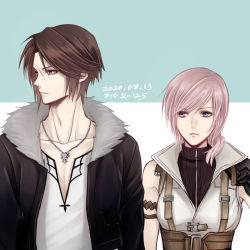 Rule 34 | 1boy, 1girl, armband, armor, bare shoulders, black jacket, blue eyes, breasts, chain necklace, collared shirt, dated, final fantasy, final fantasy viii, final fantasy xiii, fur collar, green background, hair between eyes, hiryuu (kana h), jacket, jewelry, lightning farron, long sleeves, looking to the side, medium breasts, medium hair, necklace, parted bangs, scar, scar on face, shirt, short hair, shoulder armor, sleeveless, sleeveless shirt, sleeveless turtleneck, squall leonhart, turtleneck, two-tone background, upper body, wavy hair, white background, white shirt