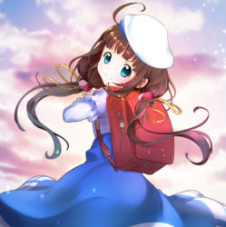 Rule 34 | 10s, 1girl, ahoge, backpack, bad id, bad pixiv id, bag, blue eyes, blush, brown hair, day, from behind, hat, head tilt, hinatsuru ai, layered sleeves, long hair, long sleeves, outdoors, randoseru, ryuuou no oshigoto!, short over long sleeves, short sleeves, sky, smile, solo, twintails, v-shaped eyebrows, very long hair, white hat