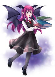 Rule 34 | 1girl, :o, absurdres, bat wings, black footwear, black pantyhose, book, breasts, full body, hajimakura, head wings, highres, holding, holding book, koakuma, long hair, long sleeves, mary janes, necktie, open book, open mouth, pantyhose, pointy ears, red hair, red necktie, shirt, shoes, skirt, solo, touhou, very long hair, vest, white shirt, wings