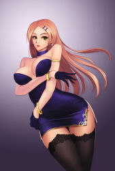 Rule 34 | 1girl, armlet, bare shoulders, bracelet, breasts, earrings, female focus, gradient background, green eyes, hair ornament, hairclip, highres, jewelry, large breasts, long hair, looking at viewer, original, parted lips, purple background, red hair, seiryuu zaiten, sketch, solo, thighhighs, wide hips