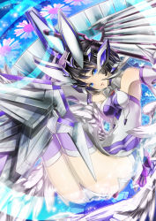 Rule 34 | 1girl, ass, black hair, blue eyes, breasts, commentary request, dress, headgear, highres, kohinata miku, looking at viewer, purple legwear, rootdesign, senki zesshou symphogear, senki zesshou symphogear xd unlimited, shiny clothes, shiny skin, short dress, short hair, sleeveless, sleeveless dress, solo
