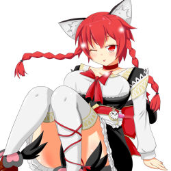 Rule 34 | 1girl, alternate costume, animal ears, braid, breasts, cat ears, choker, convenient leg, feet out of frame, highres, himenomikan, kaenbyou rin, knees together feet apart, large breasts, long hair, one eye closed, red hair, solo, thighhighs, tongue, tongue out, touhou, twin braids