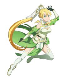 Rule 34 | 1girl, armor, blonde hair, boots, breastplate, breasts, cleavage, closed mouth, faux figurine, floating hair, full body, garter belt, gloves, green gloves, green skirt, grey eyes, hair between eyes, hair tubes, highres, holding, holding sword, holding weapon, leafa, leafa (terraria), long hair, medium breasts, official art, outstretched arm, ponytail, sidelocks, skirt, solo, standing, sword, sword art online, sword art online: alicization, sword art online: memory defrag, thigh boots, thighhighs, transparent background, very long hair, weapon, white footwear