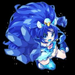Rule 34 | 10s, 1girl, :d, animal ears, black background, blue eyes, blue footwear, blue gloves, blue hair, blue skirt, blue thighhighs, cure gelato, full body, gloves, kirakira precure a la mode, lion ears, lion tail, long hair, looking at viewer, magical girl, open mouth, parted bangs, precure, senmu (0107), shoes, simple background, single thighhigh, skirt, smile, solo, tail, tategami aoi, thighhighs