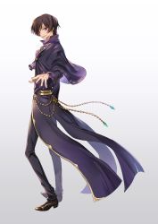 Rule 34 | 1boy, absurdres, bad id, bad pixiv id, black capelet, black pants, brown footwear, brown hair, capelet, closed mouth, code geass, frilled sleeves, frills, from side, full body, grey background, highres, kubird meme, lelouch vi britannia, long sleeves, looking at viewer, male focus, pants, red eyes, simple background, smile, solo, white background