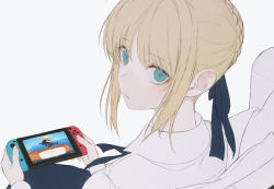 Rule 34 | 1girl, ahoge, animal crossing, artoria pendragon (all), artoria pendragon (fate), blonde hair, braid, dress, fate (series), from behind, green eyes, hair ribbon, handheld game console, holding, holding handheld game console, looking at viewer, nintendo, nintendo switch, playing, ribbon, saber (fate), simple background, sitting, solo, wanke, white background