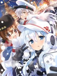 Rule 34 | 3girls, absurdres, black bow, black gloves, black headwear, blue eyes, blue shawl, blush, bow, brown eyes, brown gloves, brown hair, building, camouflage, camouflage jacket, cellphone, earmuffs, fur hat, gangut (kancolle), gloves, grin, hair between eyes, hair bow, hair ornament, hairclip, hammer and sickle, hat, hibiki (kancolle), highres, hizuki yayoi, holding, holding phone, jacket, kantai collection, long hair, long sleeves, low twintails, mittens, moscow, multiple girls, open mouth, papakha, peaked cap, phone, russia, scar, scar on face, shawl, smartphone, smile, st basil&#039;s cathedral, tashkent (kancolle), twintails, verniy (kancolle), white hair, white headwear, white mittens, yellow eyes