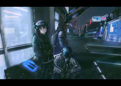 Rule 34 | 1girl, 2others, absurdres, ambiguous gender, belt pouch, black hair, blue eyes, car, cyberpunk, cyborg, grey sky, hands in pockets, headgear, helmet, highres, hood, hood up, hooded jacket, jacket, letterboxed, looking at viewer, motor vehicle, multiple others, neon lights, original, outdoors, panamuru, pants, parking lot, pouch, rain, science fiction, shop, sky, squatting, standing, vest
