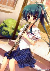 Rule 34 | 1girl, absurdres, artist request, breasts, clarinet, flute, green hair, highres, impossible clothes, impossible shirt, instrument, long hair, medium breasts, mitsui mana, original, plaid, plaid skirt, red eyes, school uniform, serafuku, shirt, sitting, skirt, solo