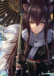 Rule 34 | 1girl, black gloves, brown eyes, brown hair, closed mouth, fingerless gloves, fur trim, girls&#039; frontline, gloves, hair ribbon, highres, holding, holding umbrella, japanese clothes, kimono, long hair, looking at viewer, official alternate costume, oil-paper umbrella, ribbon, scar, scar across eye, scar on face, simple background, solo, umbrella, ump45 (girls&#039; frontline), ump45 (lonely traveler of eternity) (girls&#039; frontline), xlscaler, yellow ribbon