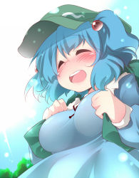Rule 34 | 1girl, aki (akikaze asparagus), backpack, bad id, bad pixiv id, bag, blue eyes, blue hair, blush, breasts, dress, closed eyes, female focus, hair bobbles, hair ornament, hat, kawashiro nitori, large breasts, matching hair/eyes, open mouth, short hair, sky, smile, solo, touhou, twintails, two side up