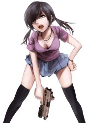 Rule 34 | 1girl, bad id, bad pixiv id, black hair, bra strap, breasts, cleavage, downblouse, fn fnp, grey eyes, gun, hand on own hip, handgun, holding, holding gun, holding weapon, jewelry, koh (minagi kou), medium breasts, necklace, open mouth, original, pistol, shiny skin, simple background, skindentation, skirt, solo, sweat, thighhighs, trigger discipline, twintails, weapon, white background