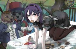 Rule 34 | 1girl, alice (alice in wonderland), alice in wonderland, all fours, ass, black dress, black pantyhose, blush, breasts, cat, cheshire cat (alice in wonderland), cookie, cup, dress, food, glasses, gloves, hairband, hat, highres, jittsu, looking at viewer, mad hatter (alice in wonderland), march hare (wonderland), pale skin, pantyhose, purple hair, rabbit, sandwich, saucer, short hair, spill, teacup, top hat, white gloves