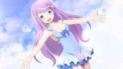 Rule 34 | 10s, 1girl, :d, anastasia hoshin, blue dress, blue eyes, breasts, cleavage, cloud, cloudy sky, collarbone, day, dress, dutch angle, game cg, hair ornament, halterneck, highres, lens flare, long hair, looking at viewer, official art, open mouth, outdoors, outstretched arms, purple hair, re:zero kara hajimeru isekai seikatsu, short dress, sky, sleeveless, sleeveless dress, small breasts, smile, solo, star (symbol), star hair ornament, very long hair
