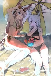 Rule 34 | 2girls, ahoge, armpits, beach umbrella, bikini, bird tail, black bikini, blush, breasts, brown hair, cuttlefish, food, fruit, glasses, goggles, goggles on head, grey hair, groin, hanna-justina marseille, head wings, heidimarie w. schnaufer, highres, ika (hinatu1992), large breasts, lemon, lemon slice, lens flare, long hair, looking at viewer, lying, medium breasts, multiple girls, navel, on side, partially submerged, red eyes, side-tie bikini bottom, smile, strike witches, swimsuit, tail, tan background, tropical drink, umbrella, very long hair, wings, witches of africa, world witches series
