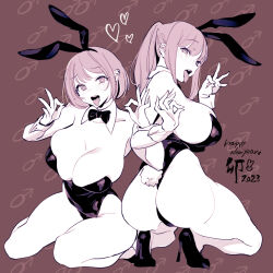 Rule 34 | 2girls, animal ears, ass, bare shoulders, black leotard, blush, bow, bowtie, breasts, cleavage, detached collar, fake animal ears, fake tail, from behind, full body, happy new year, headpiece, heart, heart-shaped pupils, high heels, highleg, highleg leotard, highres, large breasts, leotard, long hair, looking at viewer, multiple girls, new year, open mouth, original, playboy bunny, ponytail, poriuretan, rabbit ears, rabbit tail, simple background, smile, squatting, strapless, strapless leotard, symbol-shaped pupils, tail, tongue, tongue out, wrist cuffs