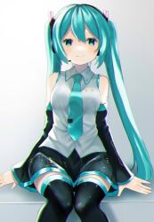 Rule 34 | 1girl, blue eyes, blue hair, blush, collared shirt, detached sleeves, hair ornament, hatsune miku, headphones, headset, long hair, long sleeves, looking at viewer, necktie, shirt, sitting, sleeveless, sleeveless shirt, smile, solo, suiren nei, thighhighs, twintails, very long hair, vocaloid