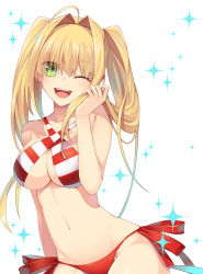 Rule 34 | 1girl, ;d, ahoge, bikini, blonde hair, breasts, fate/grand order, fate (series), green eyes, hair intakes, halterneck, highres, long hair, looking at viewer, medium breasts, navel, nero claudius (fate), nero claudius (fate) (all), nero claudius (swimsuit caster) (fate), one eye closed, open mouth, side-tie bikini bottom, simple background, smile, solo, sparkle, standing, striped bikini, striped clothes, swimsuit, toujou masateru, twintails, white background