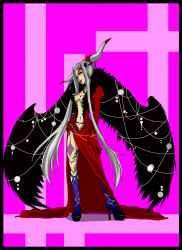 Rule 34 | 1990s (style), 1girl, breasts, cleavage, dress, earrings, female focus, final fantasy, final fantasy viii, full body, high heels, highres, jewelry, kitsuki (chaotic-v), long hair, midriff, pointy ears, shoes, silver hair, solo, tattoo, ultimecia, very long hair, wings, yellow eyes