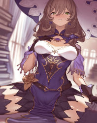 Rule 34 | 1girl, black gloves, black thighhighs, blurry, blurry background, blush, breasts, brown hair, center opening, commentary, depth of field, english commentary, genshin impact, gloves, green eyes, hat, highres, lisa (genshin impact), low tied hair, medium breasts, pelvic curtain, purple headwear, sanooxo, thighhighs, vision (genshin impact)