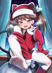 Rule 34 | 1girl, alternate costume, bad id, bad twitter id, bell, blue eyes, boots, brown hair, cat tail, curtains, fang, feet, female focus, gloves, inactive account, kantai collection, long hair, open mouth, pantyhose, ryuujou (kancolle), sack, santa costume, shoes, single shoe, solo, tail, twintails, unworn boots, uousa-ou, visor cap, white gloves, white pantyhose, window