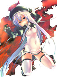 Rule 34 | 1girl, ammunition belt, ankle boots, beret, black gloves, blood, blue eyes, blush, boots, breasts, bullet, chestnut mouth, covered navel, dress, from above, full body, gloves, hashire ute!, hat, head tilt, heterochromia, juliet sleeves, kamizuki shiki, long hair, long sleeves, looking at viewer, lying, on back, original, parted lips, platform footwear, puffy long sleeves, puffy sleeves, sakigami kobeni, shell casing, shissoure ute!, short dress, side slit, skindentation, sleeves past wrists, small breasts, solo, spread legs, thighhighs, turtleneck, very long hair, white hair, white thighhighs, yellow eyes, zettai ryouiki
