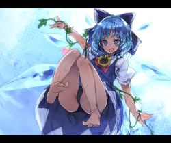 Rule 34 | &gt;:d, 1girl, :d, bare legs, barefoot, black panties, blue eyes, blue hair, blush, bow, cirno, dress, flower, flying, from below, hair bow, hidden star in four seasons, ice, ice wings, large bow, legs, letterboxed, looking at viewer, open mouth, panties, plant, smile, solo, sunflower, tan, tanned cirno, thick eyebrows, thighs, touhou, ukyo rst, underwear, upskirt, v-shaped eyebrows, vines, wings