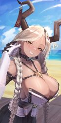 Rule 34 | 1girl, azur lane, black skirt, blonde hair, breasts, brown horns, dark-skinned female, dark skin, day, earrings, filin, from side, gloves, highres, horn ornament, horns, huge breasts, jewelry, large horns, long hair, long sleeves, looking at viewer, mole, mole under mouth, orange hair, outdoors, outstretched arm, owari (azur lane), pov, skirt, smile, solo focus, twintails, very long hair, white gloves