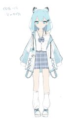 Rule 34 | 1girl, animal ears, bare shoulders, blank eyes, blue bow, blue eyes, blue footwear, blue hair, blue skirt, bow, closed mouth, collarbone, collared shirt, commentary request, copyright request, drawstring, dress shirt, full body, hair ornament, hairclip, highres, jacket, long hair, long sleeves, looking at viewer, loose socks, off shoulder, open clothes, open jacket, plaid, plaid bow, plaid skirt, pleated skirt, puffy long sleeves, puffy sleeves, saeki sora, school uniform, shirt, shoes, simple background, skirt, socks, solo, translation request, white background, white jacket, white shirt, white socks
