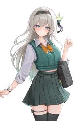Rule 34 | 1girl, absurdres, alternate costume, black bag, black hairband, black skirt, black thighhighs, blush, bow, bowtie, closed mouth, collared shirt, commentary, cowboy shot, crop top, firefly (honkai: star rail), green sweater vest, grey hair, hair intakes, hair ornament, hairband, high-waist skirt, highres, hini ni, honkai: star rail, honkai (series), looking at viewer, midriff peek, orange bow, orange bowtie, pleated skirt, purple eyes, school uniform, shirt, simple background, skirt, sleeves past elbows, sleeves rolled up, smile, solo, sweater vest, symbol-only commentary, thigh strap, thighhighs, white background, white shirt, zettai ryouiki