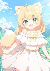 Rule 34 | 1girl, :d, animal ears, aqua eyes, blonde hair, blue sky, bow, dress, fang, fox ears, fox tail, highres, open mouth, original, outdoors, ribbon, skin fang, sky, smile, tail, tyomimas, variant set, white dress, yellow bow, yellow ribbon