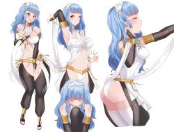Rule 34 | 1girl, absurdres, armlet, armpit crease, armpits, ass, bare shoulders, belly chain, black eyes, blue hair, blunt bangs, blush, bracelet, breasts, choker, closed eyes, commentary, cosplay, dancer, dot nose, embarrassed, english commentary, fire emblem, fire emblem: three houses, fire emblem awakening, headband, highres, jewelry, large breasts, lilshironeko, long hair, marianne von edmund, multiple views, navel, nintendo, o-ring, olivia (fire emblem), olivia (fire emblem) (cosplay), sandals, sidelocks, simple background, teeth, thighhighs, thighs, upper teeth only, wavy hair, white background, white headband, white thighhighs