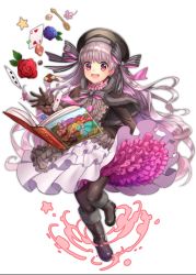 Rule 34 | 10s, 1girl, ace (playing card), ace of hearts, alice in wonderland, bad id, bad pixiv id, beret, black dress, black footwear, black gloves, black hat, black pantyhose, black ribbon, blue flower, blue rose, book, boots, buttons, card, checkerboard cookie, cookie, dress, fate/extra, fate/grand order, fate (series), flower, food, frilled dress, frilled shirt collar, frilled sleeves, frills, full body, fur-trimmed boots, fur trim, gloves, gothic lolita, gradient hair, grey hair, hair ribbon, hat, hat ribbon, heart, layered dress, lolita fashion, long hair, long sleeves, looking at viewer, multicolored hair, multicolored ribbon, nursery rhyme (fate), pantyhose, pink eyes, pink hair, pink ribbon, playing card, red flower, red rose, ribbon, rose, simple background, solo, sorao (ichhimo), spoon, star (symbol), striped ribbon, sugar cube, very long hair, white background