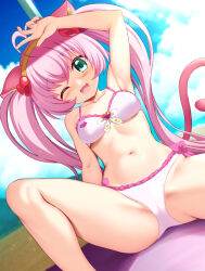 Rule 34 | 1girl, :3, animal ears, antenna hair, arm support, arm up, armpits, beach, bikini, blush, bow, bow bikini, breasts, cat ears, cat girl, cat tail, chisato (missing park), cloud, collarbone, day, dot nose, eyebrows, eyelashes, fang, feet out of frame, female focus, fingernails, frilled bikini, frills, green eyes, hairband, hand on own head, knee up, leaning back, long fingernails, long hair, looking at viewer, m/, medium breasts, nail polish, navel, one eye closed, open mouth, outdoors, pink bikini, pink bow, pink hair, pink nails, rosia (show by rock!!), show by rock!!, sitting, sky, smile, solo, spread legs, swimsuit, tail, tongue, twintails, yellow hairband