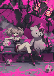 Rule 34 | 1girl, alternate costume, ball, basket, bear hair ornament, bench, black bra, black footwear, blood, blood on clothes, blue eyes, boots, bored, bra, breasts, cheerleader, choker, cleavage, commentary request, crossed legs, danganronpa: trigger happy havoc, danganronpa (series), deadnooodles, enoshima junko, full body, hair ornament, highres, knee boots, looking at viewer, medium breasts, miniskirt, monokuma, mouth hold, open mouth, pink blood, pink theme, plaid, plaid skirt, pleated skirt, pom pom (cheerleading), pool of blood, red skirt, sitting, skirt, soccer ball, translation request, twintails, underwear