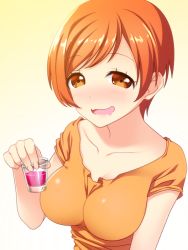 Rule 34 | 1girl, alcohol, bad id, bad pixiv id, blush, brown eyes, cup, drinking glass, drooling, drunk, harumi sawara, looking at viewer, open mouth, orange hair, short hair, shot glass, smile, solo, swept bangs, tokyo 7th sisters, totokichi