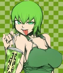 Rule 34 | 1girl, breasts, cup, drinking straw, foo fighters (jojo), green eyes, green hair, green theme, jojo no kimyou na bouken, large breasts, overalls, spacezin, stone ocean, tongue