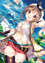 Rule 34 | 1girl, :d, arm behind head, arm up, atelier (series), atelier ryza, atelier ryza 1, belt, belt buckle, beret, black ribbon, black thighhighs, blue belt, blue sky, blurry, blurry background, blush, breasts, brown belt, brown eyes, brown gloves, brown hair, buckle, chinomaron, cleavage, cloud, cloudy sky, commentary request, day, depth of field, flask, gloves, hair between eyes, hair ornament, hairclip, hat, highres, holding, long sleeves, looking at viewer, medium breasts, navel, open mouth, outdoors, petals, puffy long sleeves, puffy sleeves, red shorts, reisalin stout, ribbon, round-bottom flask, shirt, short shorts, shorts, sidelocks, skindentation, sky, smile, solo, thighhighs, vial, white hat, white shirt, white thighhighs