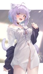 Rule 34 | 1girl, absurdres, ahoge, animal ears, black jacket, bottomless, breasts, cat ears, cat girl, cat tail, fangs, highres, hololive, jacket, large breasts, looking at viewer, medium hair, naked shirt, navel, nekomata okayu, nekomata okayu (oversized shirt), no bra, official alternate costume, partially unbuttoned, purple eyes, purple hair, purple ribbon, rei (9086), ribbon, shirt, signature, tail, tongue, tongue out, virtual youtuber, white shirt