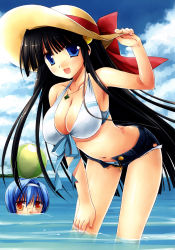 Rule 34 | 2girls, :d, absurdres, ball, beachball, bent over, bikini, black hair, blue eyes, bow, breasts, cleavage, clover, cutoffs, front-tie top, glasses, hat, highres, jewelry, large breasts, long hair, miyasu risa, multiple girls, navel, necklace, object on head, open fly, open mouth, pants, short shorts, shorts, smile, sun hat, swimsuit, unzipped, wading, water
