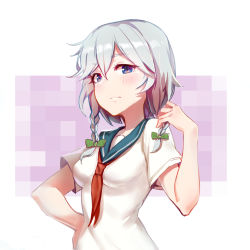 Rule 34 | 1girl, absurdres, alternate costume, blue eyes, blush, bow, braid, breasts, commentary request, contemporary, green bow, hair between eyes, hair bow, hand on own hip, hand up, highres, holding, holding own hair, izayoi sakuya, lips, looking at viewer, medium breasts, mosaic background, purple background, red neckwear, sailor collar, school uniform, serafuku, shiliuyexiaohei, short hair, short sleeves, silver hair, solo, touhou, twin braids, two-tone background, upper body, white background