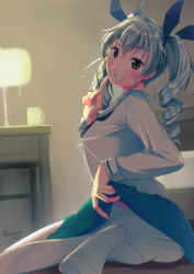 Rule 34 | 10s, 1girl, anchovy (girls und panzer), artist name, ass, bed, bedroom, blouse, blush, breasts, brown eyes, clothes lift, cosplay, dark, donkey0 0, drill hair, finger to mouth, from behind, girls und panzer, green hair, green skirt, grin, hair ribbon, indoors, lamp, long hair, looking at viewer, miniskirt, naughty face, panties, panties under pantyhose, pantyhose, pleated skirt, ponkey, red eyes, ribbon, school uniform, serafuku, shirt, shushing, signature, sitting, skirt, skirt hold, skirt lift, smile, solo, twin drills, twintails, underwear, wariza, white pantyhose, white shirt