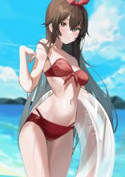 Rule 34 | 1girl, alternate costume, amber (genshin impact), beach, bikini, blue sky, blush, breasts, brown eyes, brown hair, buri (retty9349), cleavage, closed mouth, cloud, cloudy sky, commentary, cowboy shot, day, front-tie bikini top, front-tie top, genshin impact, hair between eyes, hair flaps, hair ribbon, hairband, highres, holding, holding swim ring, innertube, long hair, looking at viewer, medium breasts, navel, ocean, outdoors, red bikini, red hairband, red ribbon, ribbon, sky, smile, solo, standing, stomach, straight hair, swim ring, swimsuit, thigh gap, thighs, wet