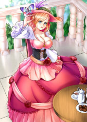 Rule 34 | 1girl, biscuit, blonde hair, blue eyes, blush, breasts, bug, butterfly, cleavage, cup, dress, female focus, food, green eyes, hat, highres, bug, large breasts, open mouth, original, red dress, ryuuzouji usagi, solo, tea, tea set, teacup, teapot
