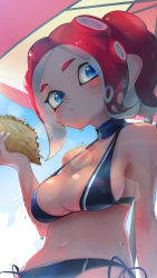 Rule 34 | 1girl, :t, arm at side, bad id, bad pixiv id, bikini, black bikini, blue bikini, blue eyes, blue sky, blush, breasts, closed mouth, cloud, day, eating, fingernails, food, food bite, from below, halterneck, highres, holding, holding food, kashu (hizake), lens flare, looking at viewer, medium breasts, medium hair, monster girl, navel, nintendo, octoling, octoling girl, octoling player character, outdoors, parasol, pointy ears, red hair, shade, shiny skin, side-tie bikini bottom, sideways glance, signature, sky, solo, splatoon (series), splatoon 2, splatoon 2: octo expansion, stomach, suction cups, sunlight, swimsuit, taco, tentacle hair, umbrella, water drop, wet