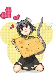 Rule 34 | 1girl, animal ears, cracker, eating, female focus, food, full body, grey hair, heart, kneeling, manta (yes), mini person, minigirl, mouse ears, mouse tail, nazrin, oversized object, red eyes, short hair, solo, tail, touhou